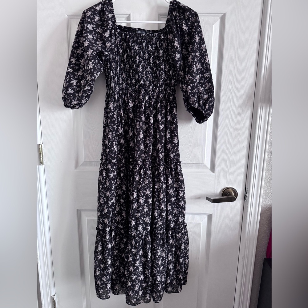 Mikarose Black Floral Smocked Tiered Maxi Dress